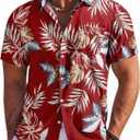COOFANDY Mens Hawaiian Shirt Short Sleeve Button Down Shirt Summer Beach Shirt, Red - Tropical Leaf, X-Large