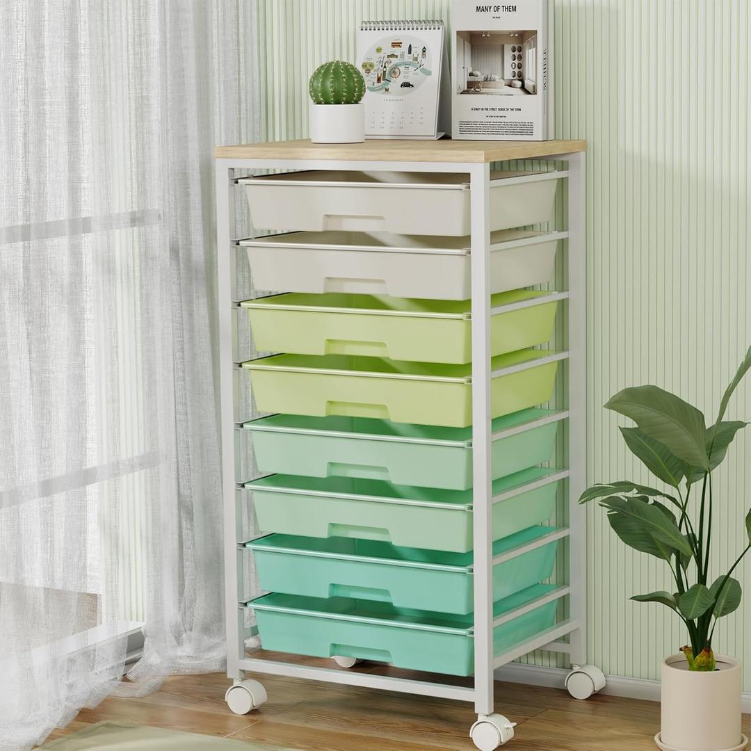 Rolling Storage Cart with 8 Drawers & Wooden Tabletop, Utility Cart with Wheels for Craft Storage, Home, School, Bedroom, Living Room, Dorm, Office, Classroom, Art Supply Storage Organizer Cart, Green
