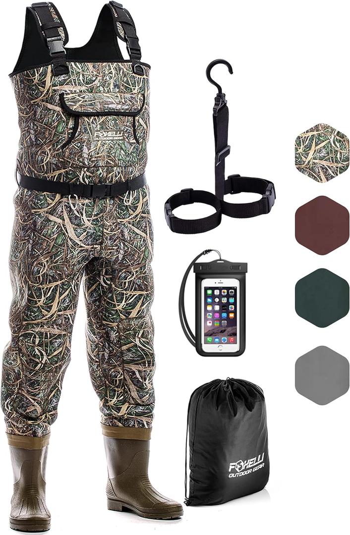 Foxelli Chest Waders, Waterproof 4mm Neoprene Hunting & Fishing Waders for Men & Women with Boots (12, Camo)