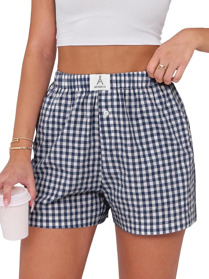 ANRABESS Boxer Shorts for Women Gingham Pajama 2025 Summer Casual Lounge Sleep Plaid Shorts Y2K Beach Bottoms (Small, Navy Blue White Plaid)