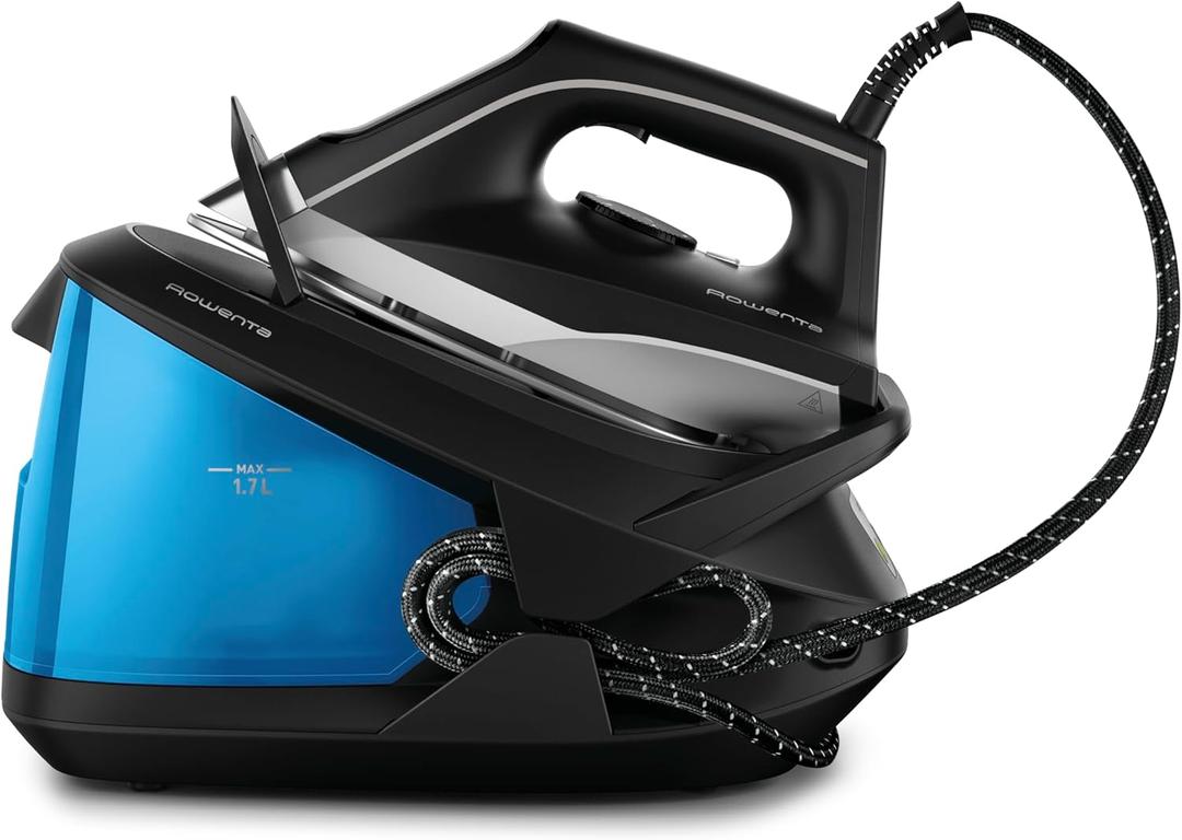 Rowenta Compact Stainless Steel Soleplate Professional Steam Station for Clothes, 57 Ounce Removable Tank, Lightweight, Compact 1500 Watts Iron, Fabric Steamer, Garment Steamer Black and Blue, VR8324.