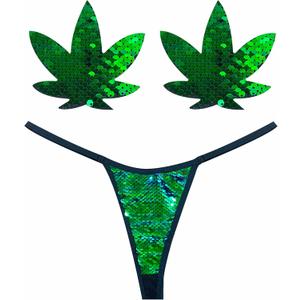 Neva Nude Ariel Green Flip Sequin Naughty Knix G String with Matching Weed Leaf Nipztix Pasties for Raves and Festivals, Small. Size 2-6