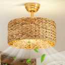 Boho Fandelier Ceiling Fans with Lights, Rattan Chandelier Fan Gold Caged Ceiling Fan with Light Remote, Flush Mount Chandelier Ceiling Fan with 6 Speeds Fandelier for Bedroom, Living Room,Kitchen, 17.7inch