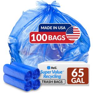 Reli. 65 Gallon Blue Recycling Bags, 100 Count, Heavy Duty, Large Trash Bags