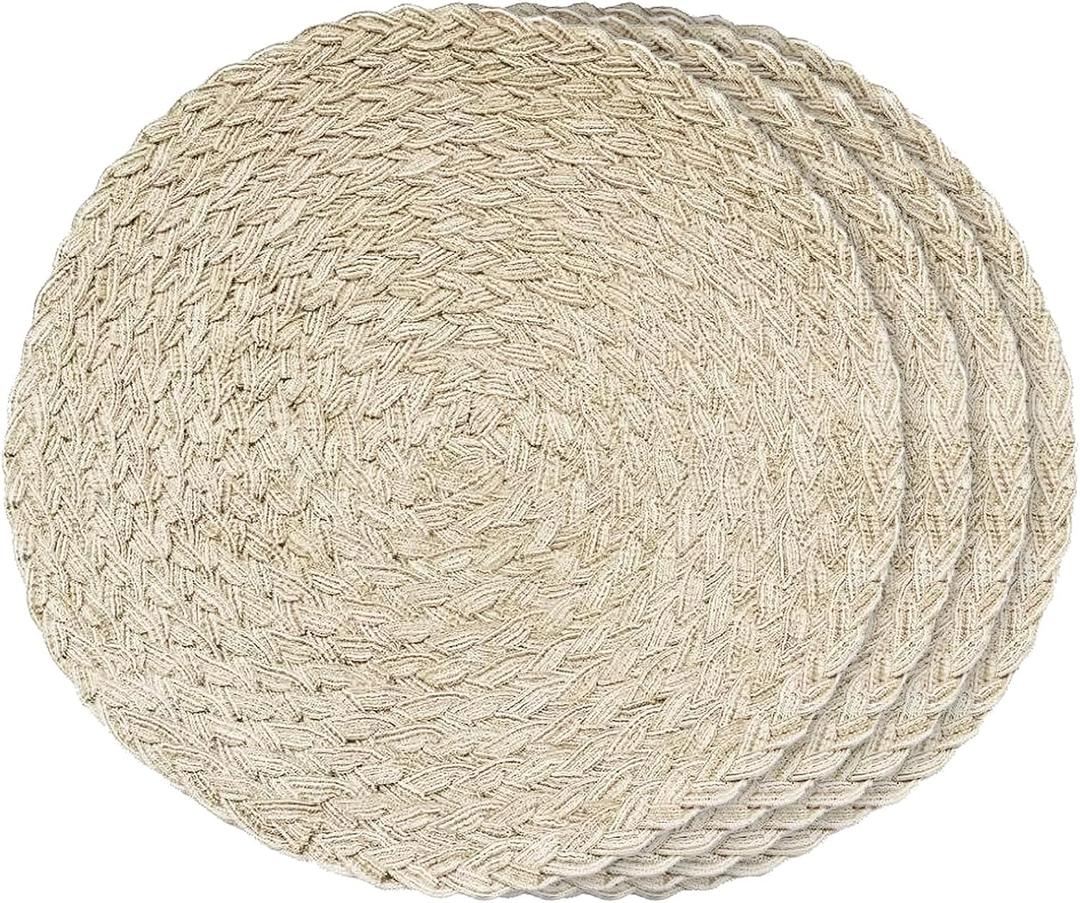 15 Inch Round Woven Placemats Set of 4 - Washable Non-Slip Table Mats for Kitchen, Home & Farmhouse (Blue, 4-Pack) (Cream)