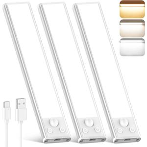 10 Inch Under Cabinet Lights, 2200mAh Rechargeable Battery Operated Motion Sensor Lights Indoor, Wireless Dimmable Closet Lights, 3 Color Under Counter Magnetic Night Lights for Kitchen, Stair, 3-Pack