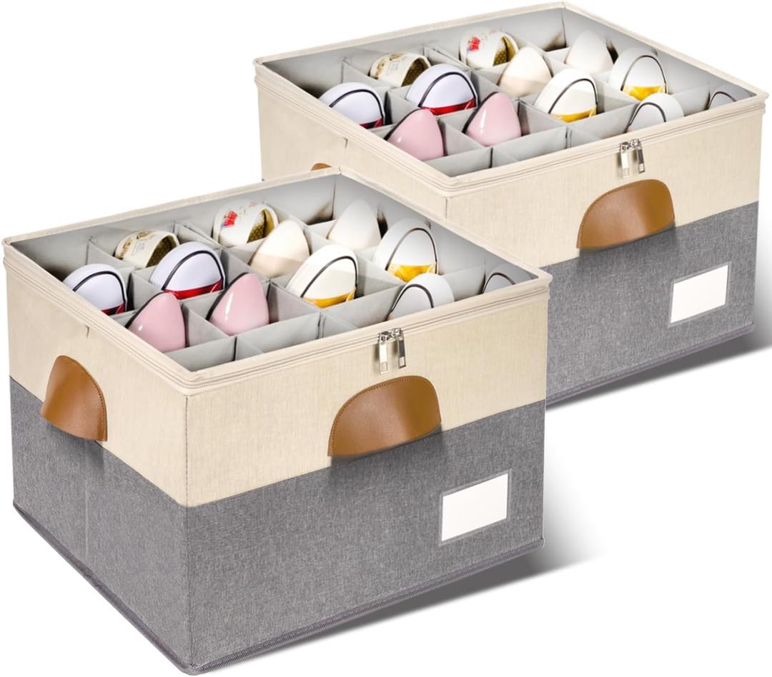 2 Pack Shoe Organizer for Closet, Adjustable Shoe Box Storage Containers, Large Foldable Shoe Bins with Clear Cover, Space Saving Shoes Holder with 4 Handles, Fits 16-32 Pairs, Beige