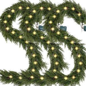 6.2 FT Prelit Christmas Cedar Garland 3 PCS, Realistic Artificial Pine Needle Faux Cypress Greenery with 20 Lights for Christmas Table Mantle Wall Room Outdoor Indoor Winter Decoration