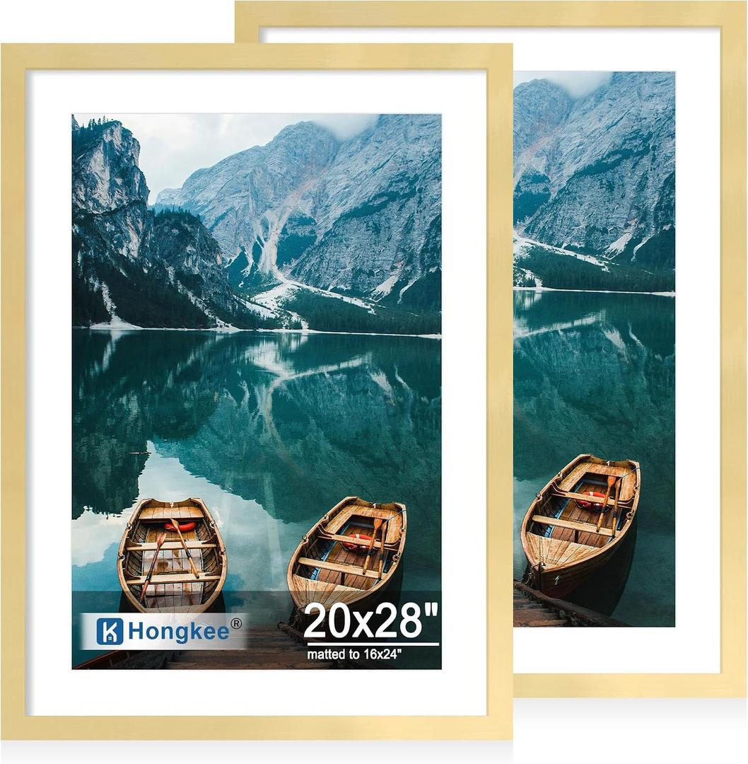 Hongkee 20x28 Picture Frame Set of 2, Gold Wood Style - Display Posters 16 x 24 with Mat or 20x28 without Mat, Wall Mounting Horizontal and Vertical