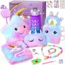 PERRYHOME Unicorns Gifts for Girls Age 4 5 6 7 8 9 10+ Birthday Back to School Day Gifts, Soft Plush Toys Set with Light-up Star Pillow, DIY 900ML Bottle, Diary, Coin Purse, Unicorn Plush Accessory (Purple)