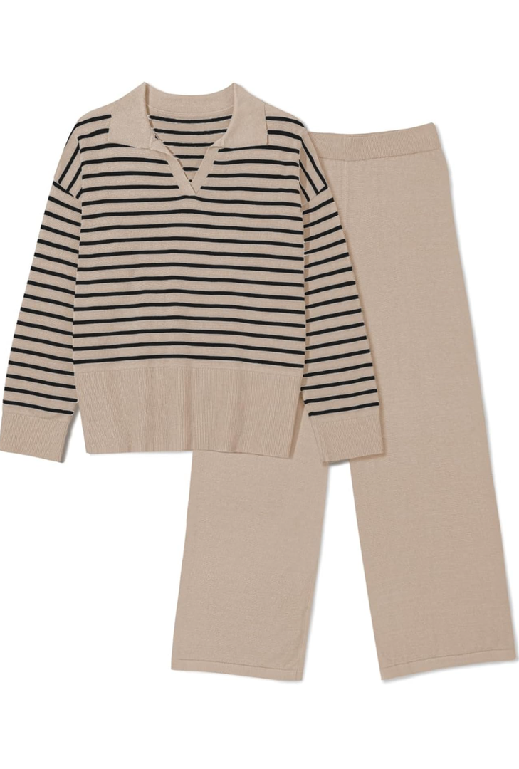 Pink Queen Sweater Sets for Women 2 Piece Long Sleeve Collar V Neck Sweatsuit Knitted Stripe Pajamas Size S