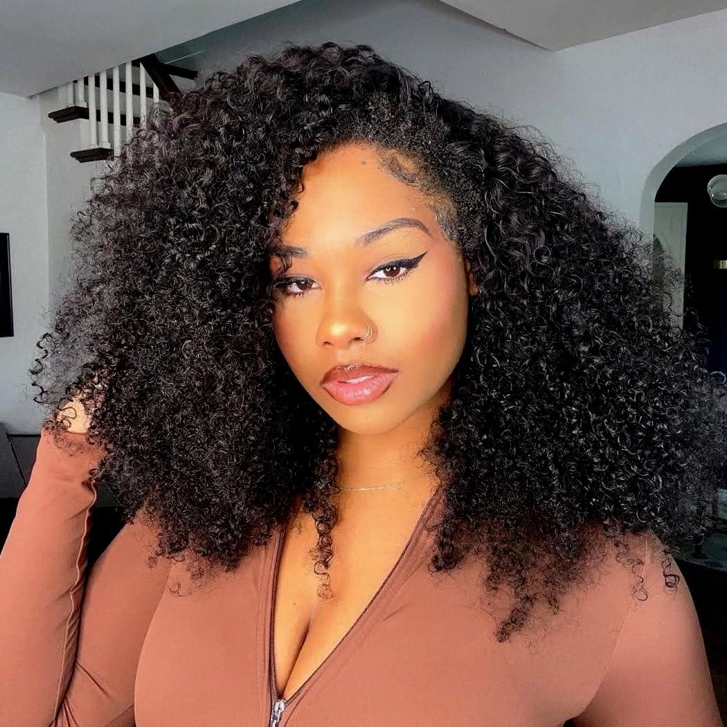 Kinky Curly Half Wig Human Hair 200 Density 3 In 1 Seamless Flip Over Half Wigs Human Hair Glueless Wear and Go Beginner Friendly Kinky Curly Wig Human Hair Drawstring Headband Wig for Women 20 Inch