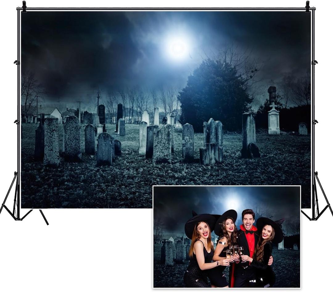 8x6ft Halloween Gloomy Graveyard Backdrop Scary Tombstone Under The Dark Night Moonlight Creepy Cemetery Banner for Ghost Party Haunted House Door Window Wall Porch Garage Decoration