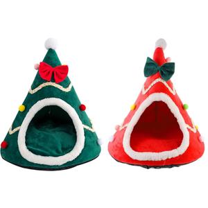 Christmas Tree Cat Bed for Indoor Cats House Tent with Detachable Pillow Xmas Cave Beds for Pets Cats and Dogs (Green,  Red) 2 Pack