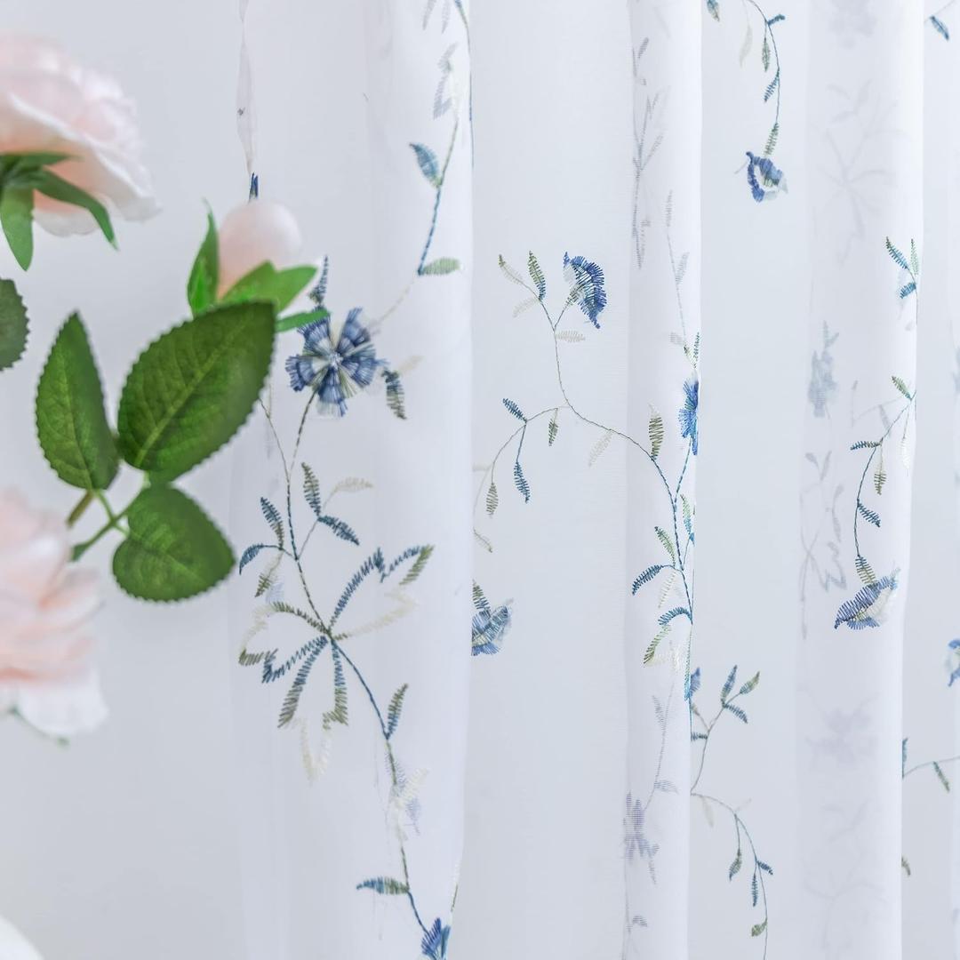 Taisier Home Floral White Sheer Curtains Flower Print Vine Embroidery Bedroom Curtain Rod Pocket Voile Window Curtains for Living Room, 52 x 45 inches Long, Set of 2 Panels,Blue Buds with Green Branch