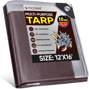 TICONN Heavy Duty Tarp Cover, Extra Thick Tarps Waterproof Tear and Rip Proof UV Resistant Tarpaulin with Reinforced Grommets and Edges (10 Mil, 12'x16')