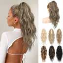 LONAI Ponytail Extension, 18" Wavy Claw Clip Ponytail Extensions ZJ001 Shoulder Length Curly Wavy Claw Clip in Ponytail Hair Extensions Synthetic Fake Pony tails Hairpieces-Ash Brown with white Blonde