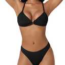 SUUKSESS Women High Waisted Triangle Bikini Sets Textured O Ring 2 Piece Swimsuit (Small, 178 Black)