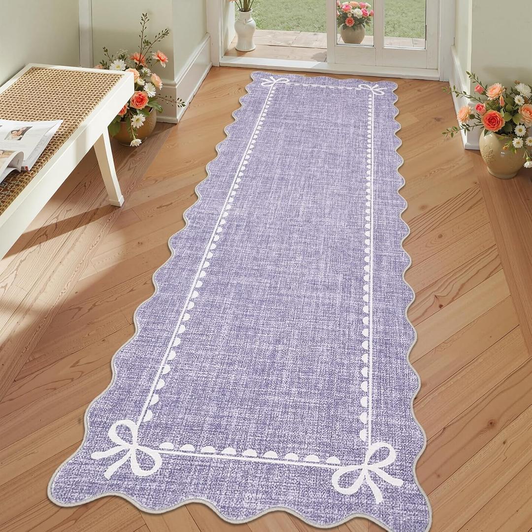GarveeHome Scalloped Bow Rug for Living Room, Solid Purple Rug for Dorm, Washable Runner Rug 2.5x10 Soft Low Pile Non Slip Scalloped Rugs for Nursery Bedroom Decor Hallway Entryway Playroom