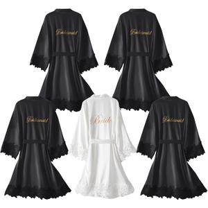 5 Pcs Bridesmaid Kimono Robe Sets Bride Silky Wedding Day Bathrobe with Lace Trim Embroidered Getting Ready (One Size, Black, White)