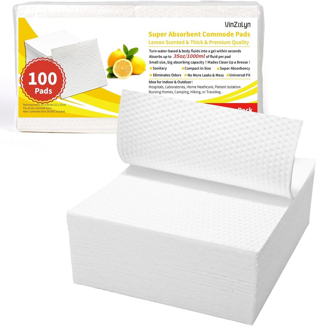 Lemon Scented Absorbent Pads for Commode, 100 Pcs, Light Scent Commode Pads for Bedside Commode Liners, Medical Grade, Disposable, Simple for Camping, Seniors and Disabled (100 Pcs 5*4.75 in)