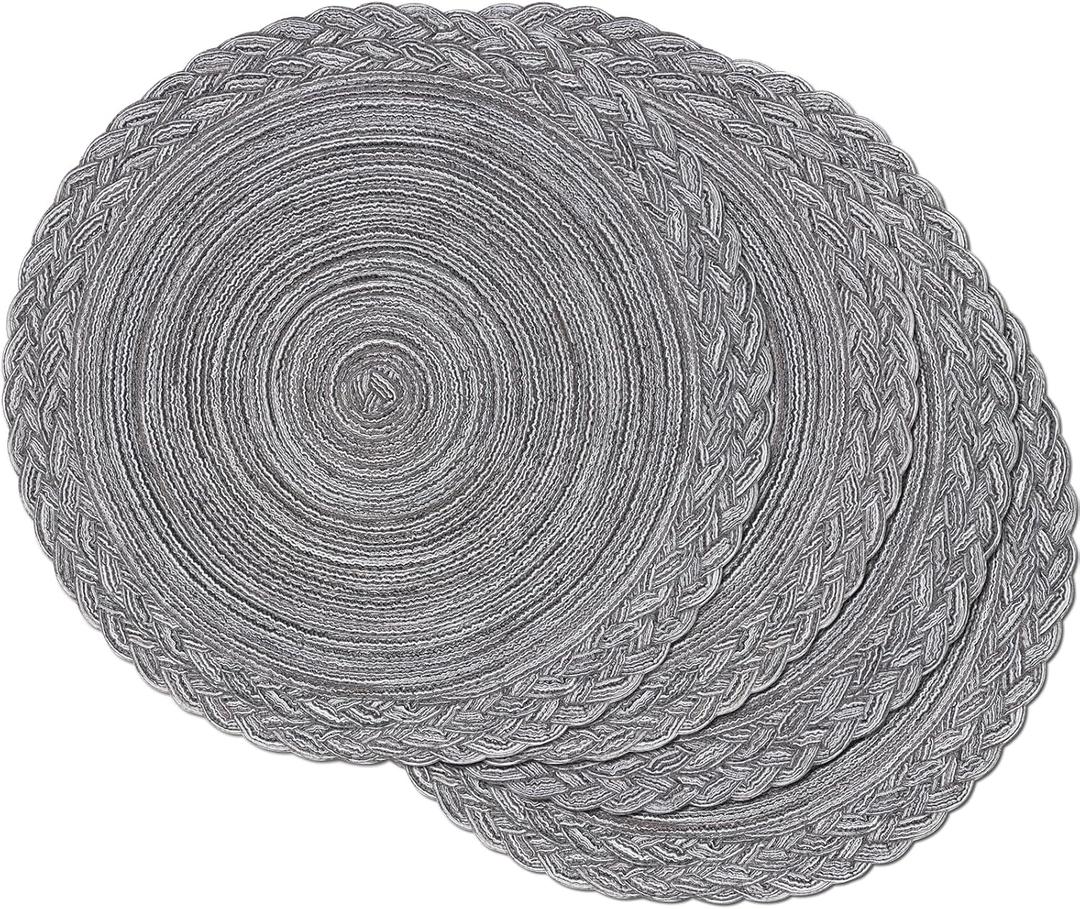 SHACOS Round Placemats Set of 4 Boho Braided Border 15 inch Circle Place Mats Washable Fabric Table Mats for Kitchen Dining Table, Gray