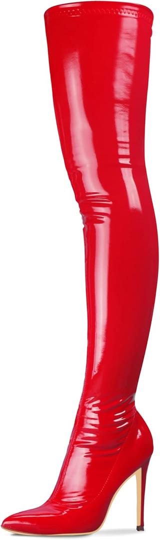 Women's Patent Leather PU Thigh High Boots Pointy Toe Side Zippe Fashion Comfy Sexy Stiletto High Heel Over The Knee Boots (7.5, Red)