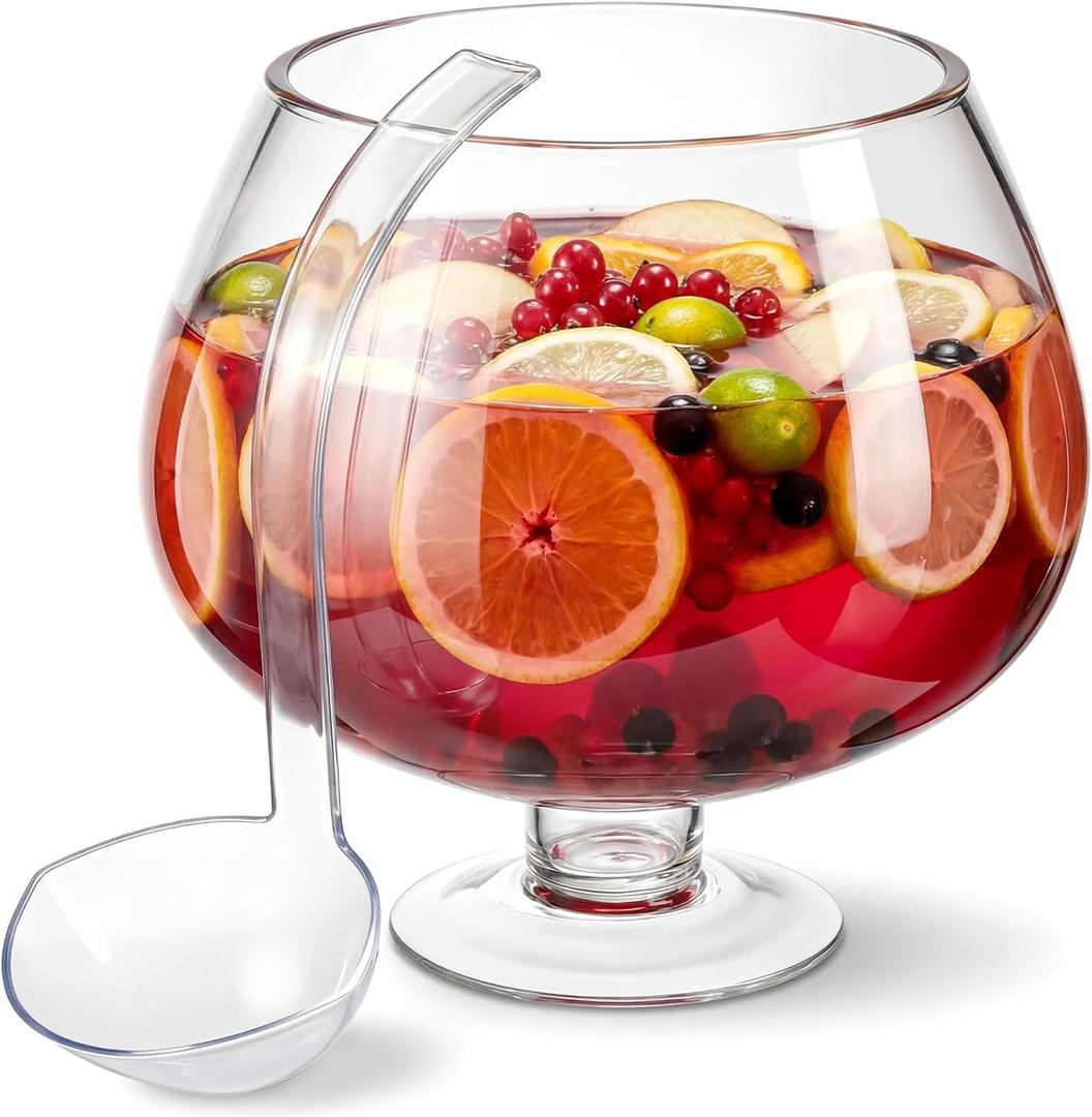 2 Gallon Glass Punch Bowl with Plastic Ladle Set, Large Punch Bowl with Stem Design for Party Cocktails, Holidays, Schools, Irish Festival, Easter, Functional Centerpiece (EXP 01/01/27)