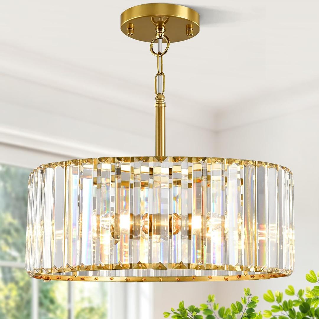 15" Modern Crystal Chandelier for Dining Room, No Assembly Required 4-Light Gold Dining Room Light Fixture Over Table, Hanging Pendant Lights Fixture for Kitchen Island Living Room Foyer Entryway