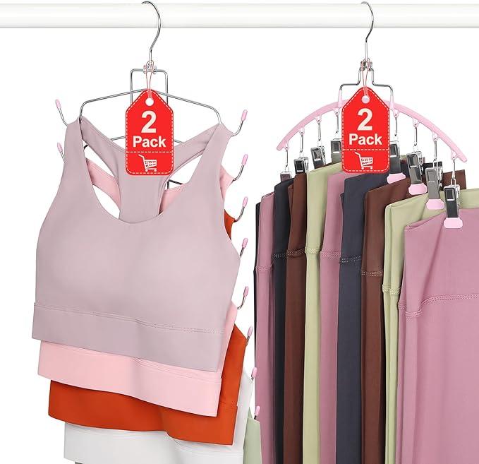 TOPIA HANGER 4 Pack Gym Clothes Organizer, 2 Pack Tank Top Hangers with 2 Pack Leggings Hangers Space Saving Hang 20 Sets Tank Top Bra with Leggings Shorts Pants for Closet Women Pink CT78P