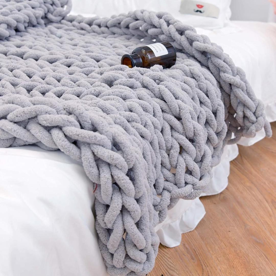 Chunky Knit Blanket Throw 40"40", Hand Knitted Warm Chenille Throw Blanket, Home Decor Soft Thick Yarn Cable Knit Blanket, Soft Breathable Fleece Blanket Christmas for Couch Bed Sofa Best Gift (Gray)