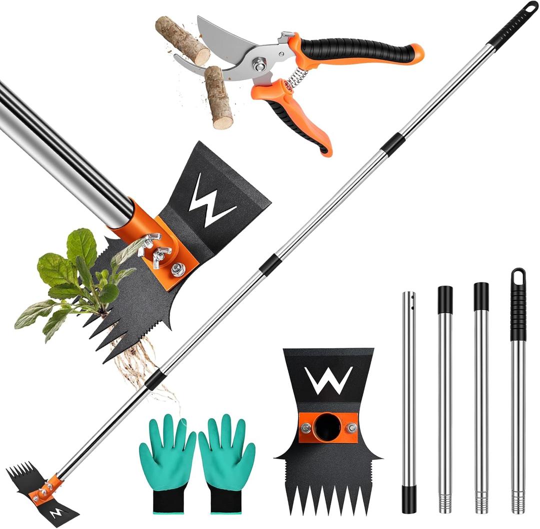 Garden Hoe & Weed Puller Tool with Long Handle, 60 Inch,Manual Weed Remover Tool, 3-in-1 Weed Rake & Grabber & Pruning Shears, Dandelion Gardenia Heavy Duty Uprooting Tool for Yard, Lawn and Garden (orange)