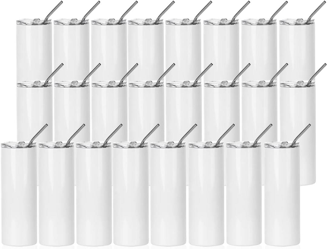 PYD Life 24 Pack Sublimation Tumblers Blanks Skinny 20 OZ White Straight Bulk Stainless Steel Cups with Metal Straw and Lid for Tumbler Heat Press Machine Sublimation Print