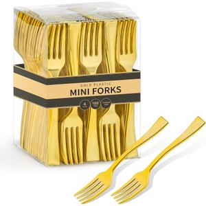 Qeirudu 4 Inch Gold Plastic Mini Forks, 100 Pack Disposable Appetizer Forks Heavy Duty Tiny Forks for Party Small Desserts, Charcuterie, Samples, Cocktails and Strawberries