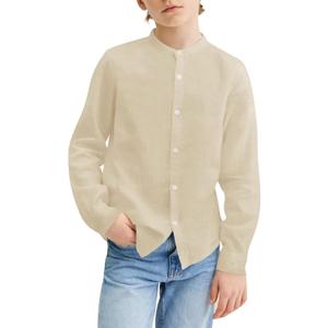 Mafulus Boys Button Down Linen Shirt Long Sleeve Mandarin Collar Loose Fit Casual School Summer Top (9-10 Years, Beige)