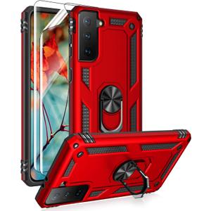 Androgate for Samsung Galaxy S21 5G Case with HD Screen Protectors, Military-Grade Metal Ring Holder Kickstand 15ft Drop Tested Shockproof Cover Case for Galaxy S21 Red