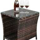Brown Gradient Wicker Rattan - Side Tea Table with Glass - Patio Outdoor Furniture #CTGN61