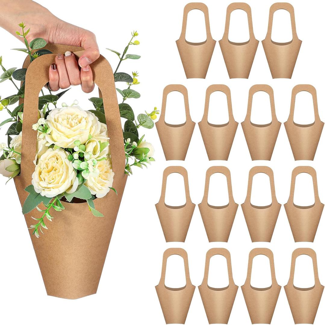 15 Packs Kraft Paper Flowers Gift Bags with Handle Flowers Bouquet Holder for Wedding, Valentines Day Decoration, Florist Shop (Small)
