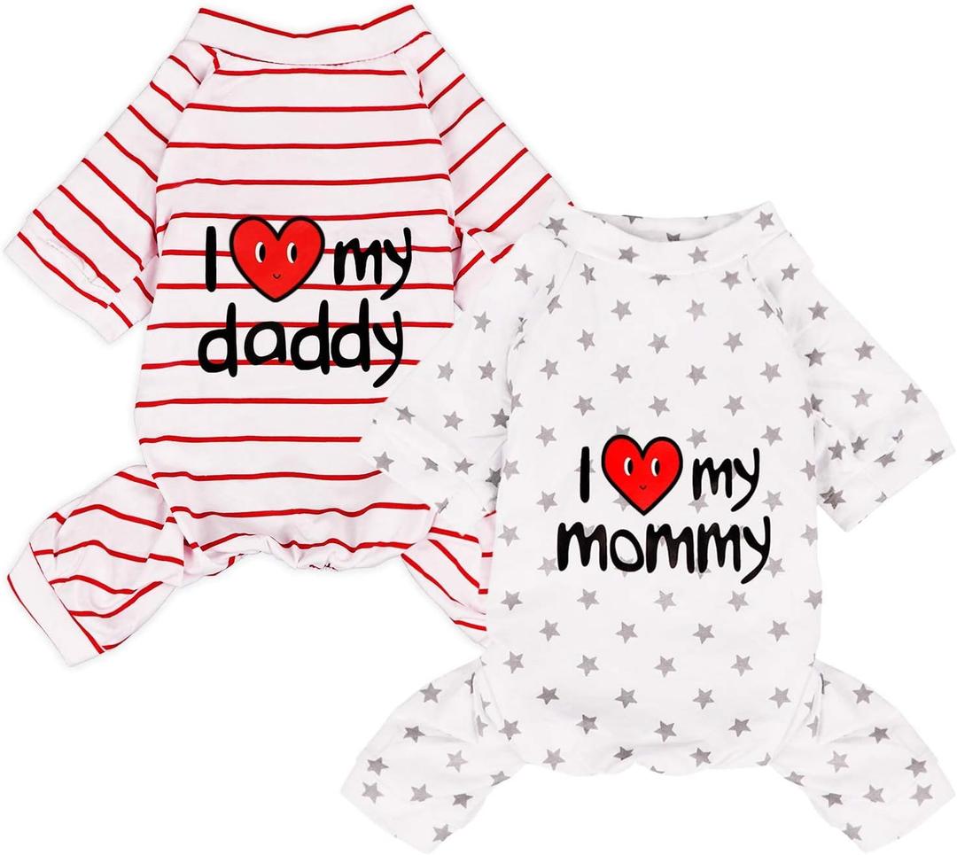 2-Pack Cotton Dog Pajamas Lightweight Dog Onesies for Small Medium Dogs and Cats Puppy Body Suits Cute Baby Dog Jumpsuit I Love My Mommy/Daddy Printed Pet Clothes, Grey Stars/Red Stripes, XXL