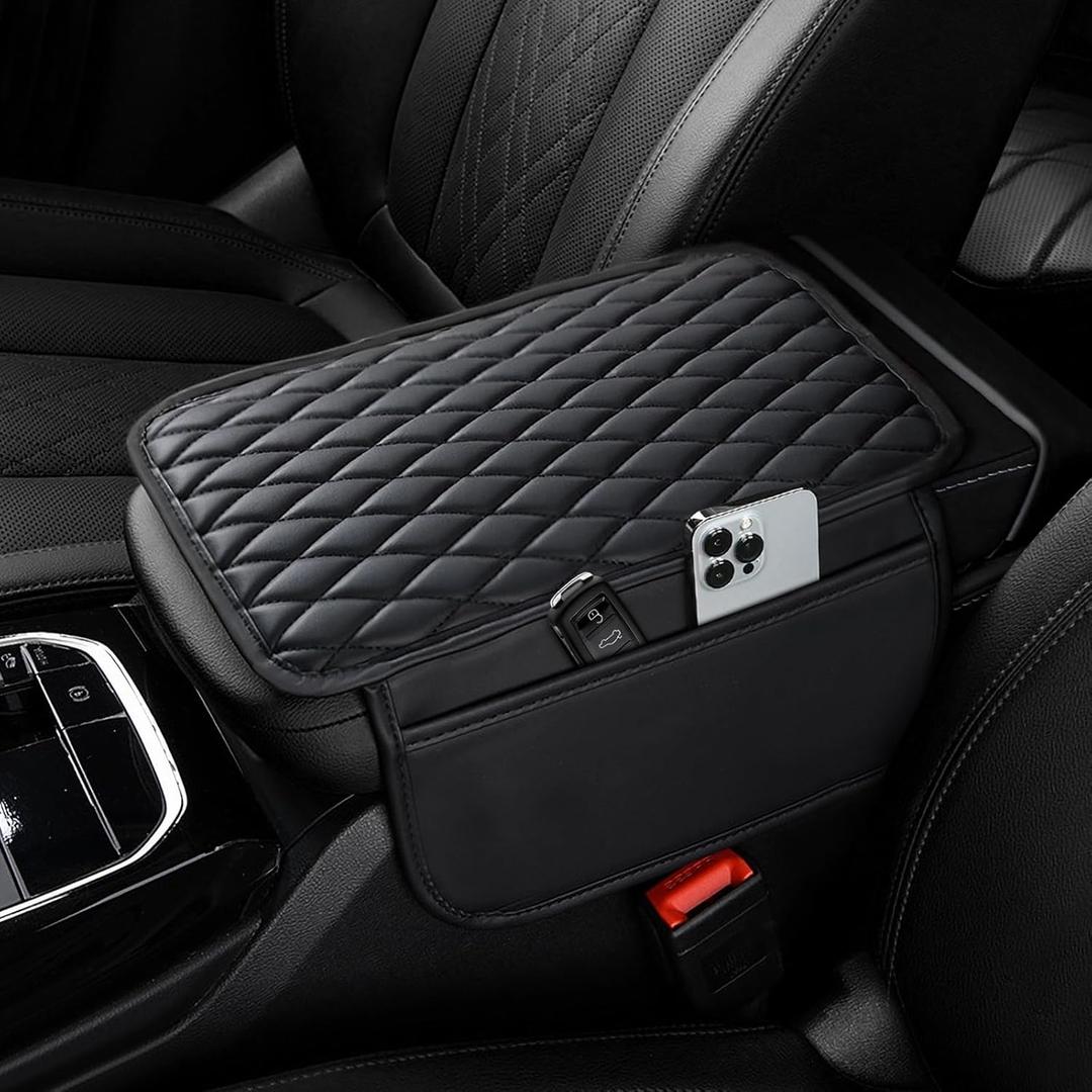 Ouzorp Car Center Console Cover, Upgraded Microfiber Leather Car Arm Rest Cover with 2 Storage Bags, Universal Armrest Cover for Car Storage Box Car Interior Accessories Protector for Most Vehicle (Black)