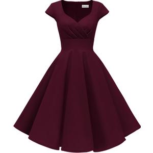 Ellames Women's 1950s Retro Vintage Dresses Elegant 2025 Cocktail Party Dress Cap Sleeve Dress with Pocket (Burgundy)