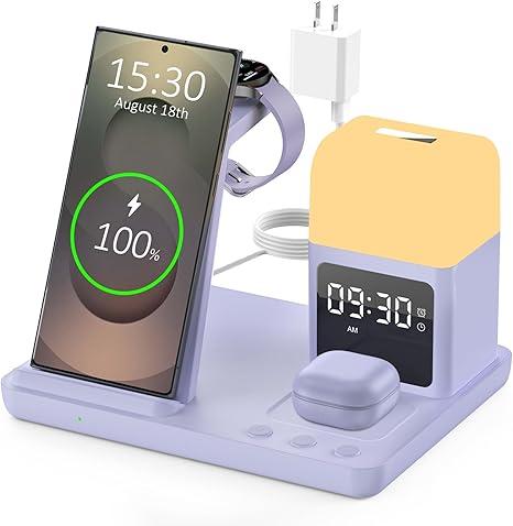 Wireless Charger for Samsung/Android Charging Station, 6 in 1 Fast Watch Charger with Alarm Clock-Night Light, Compatible for Galaxy S25 Ultra/S24, Only for Samsung Watch8/7, Galaxy Buds3 Pro(Black) (Coal)