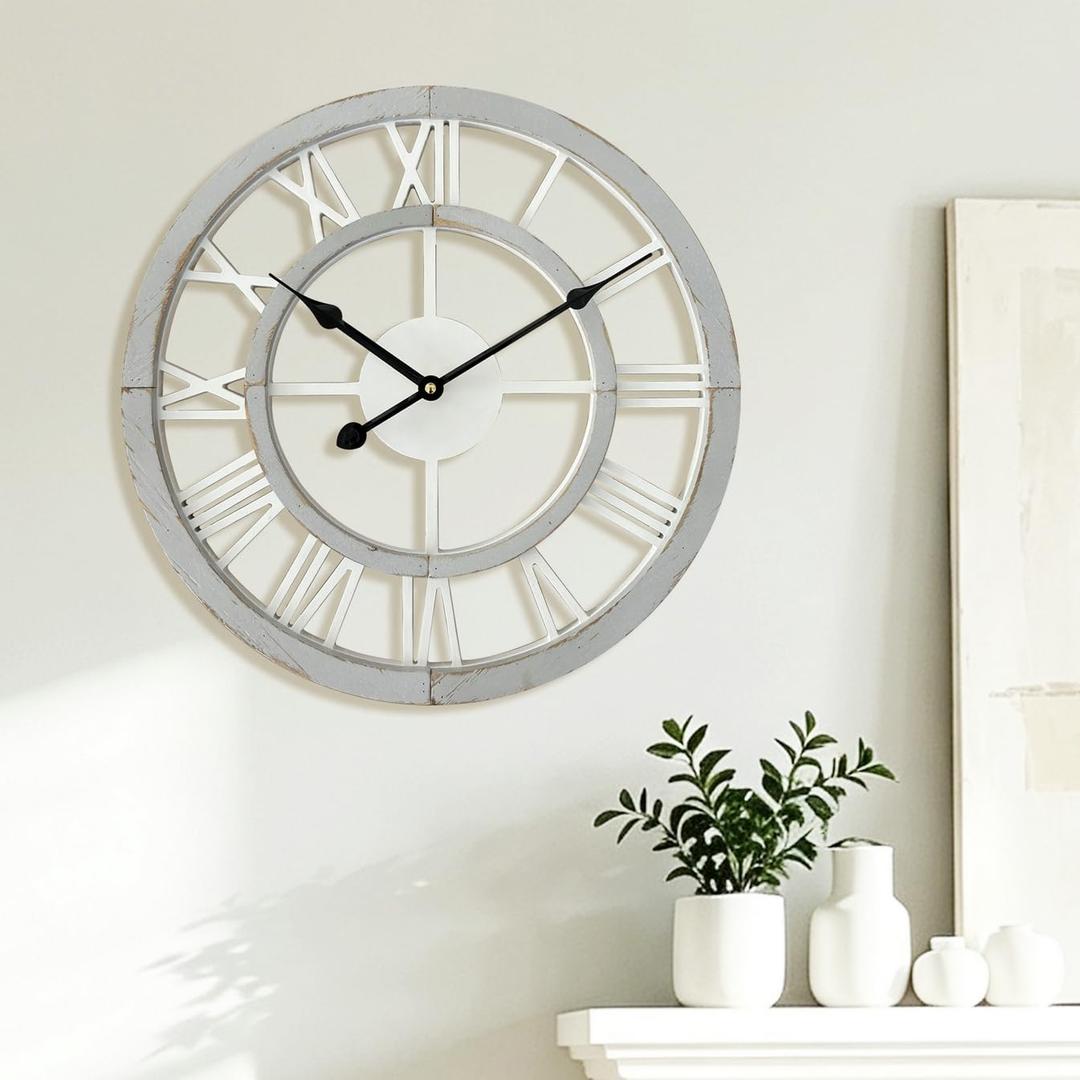 16 Inch Rustic Wall Clock Silent Non-Ticking Wooden Wall Clocks with Roman Numerals Farmhouse Decorative Clock for Living Room Bedroom Office (Grey)