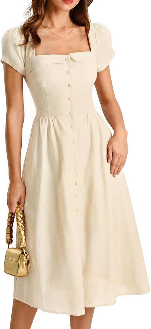 RIHOAS Elegant Casual Dresses for Women Short Sleeve Puff Square Neck Floral A-Line X Cross Midi Dress Beige, (XL)