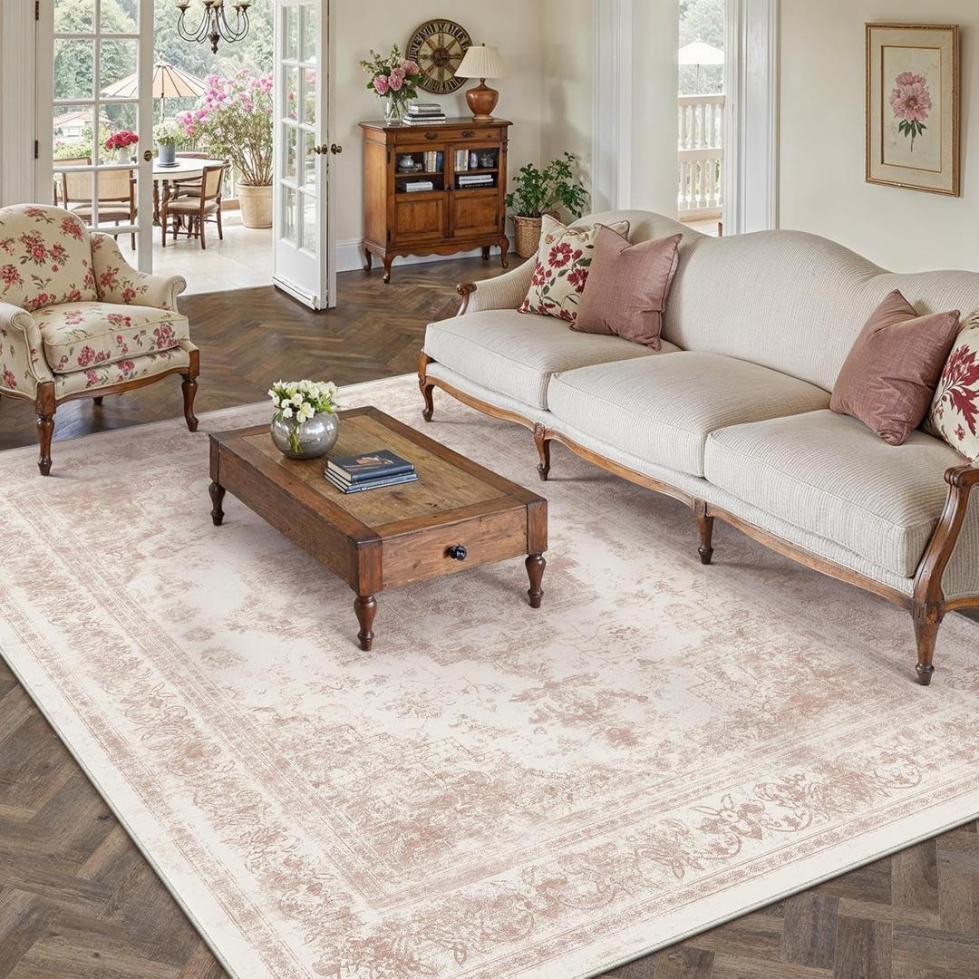 PureCozy Washable Rug 6x9 Area Rug for Living Room Pink Vintage Boho Medallion Large Distressed Retro Carpet Non Slip Indoor Low Pile Small Soft Bedroom Dining Room Home Office