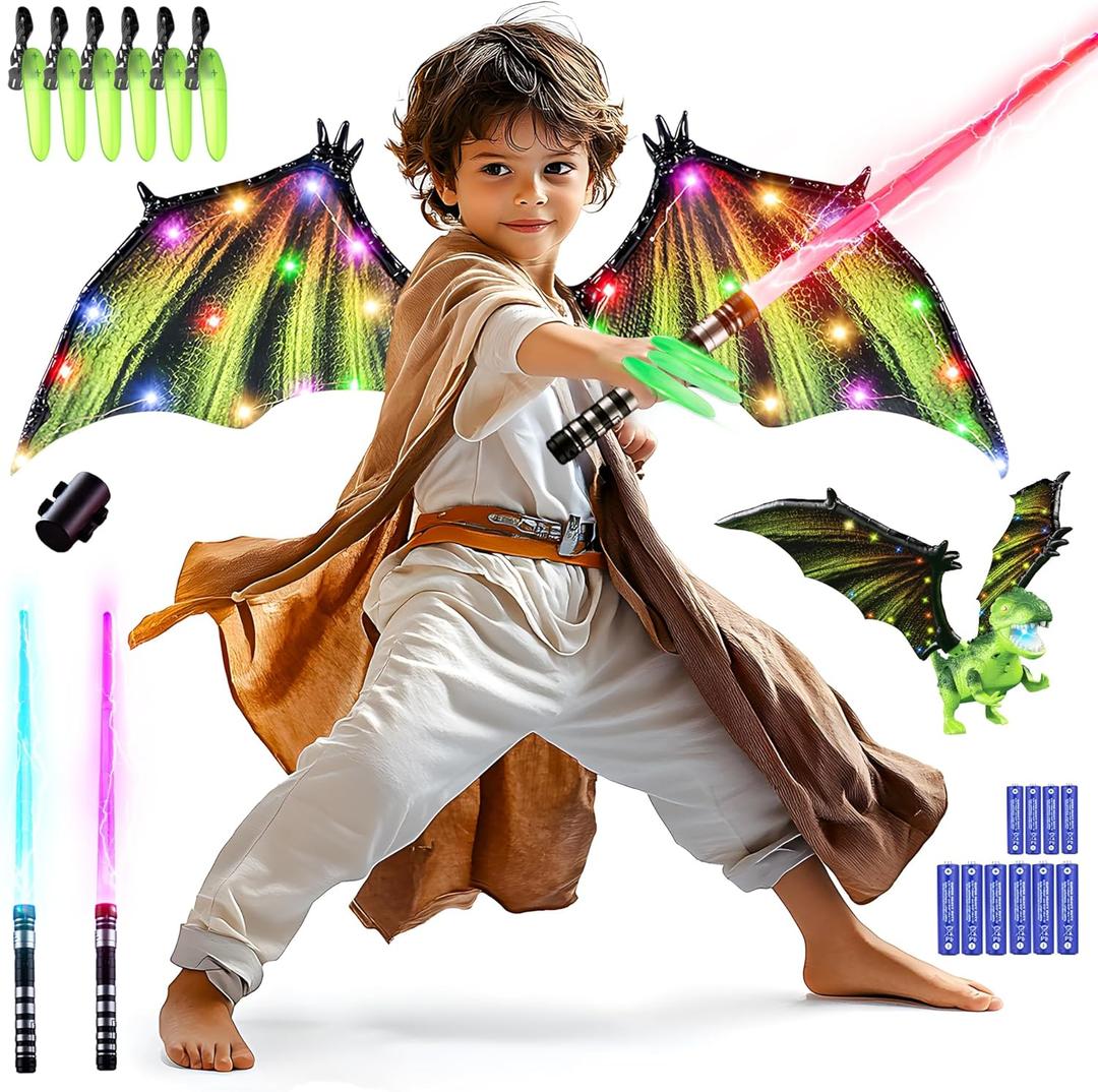 SANCO Kids Light Up Saber Set - 2 Pack 7 Colors Retractable Power Swords with Electric Dragon Wings & Dinosaur Finger Claws, Glowing Toys for Halloween Cosplay Parties, Birthday Gifts for Boys & Girls