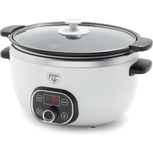 GreenLife 6QT Slow Cooker, Non-Toxic PFAS-Free Ceramic Nonstick Removable Interior Bowl, Programmable, Family Friendly, Keep Warm, Stovetop & Oven Safe, Dishwasher Safe Parts, Timer, Glass Lid, White