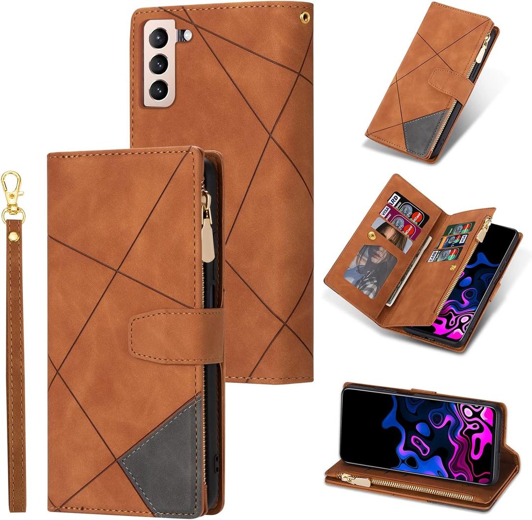UEEBAI Wallet Case for Samsung Galaxy S21 5G, Vintage Premium PU Leather Cover Flip Case with Card Slots Magnetic Closure Zipper Pocket Kickstand Handbag with Hand Strap - Brown