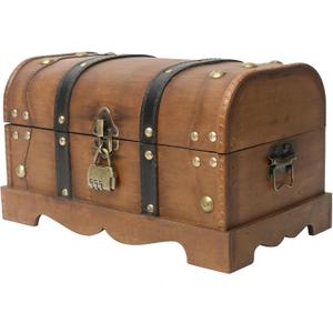 Vintage Wooden Treasure Chest Decorative Box with Lock - 12.2" x 7.1" x 7.1", Brown