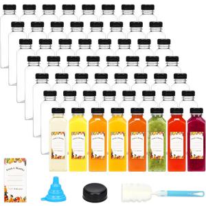 Moretoes 56pcs 16oz Plastic Juice Bottles with Caps, Clear Empty Reusable Containers with Brush Funnel and Labels for Coffee Smoothies Ginger and Other Beverages